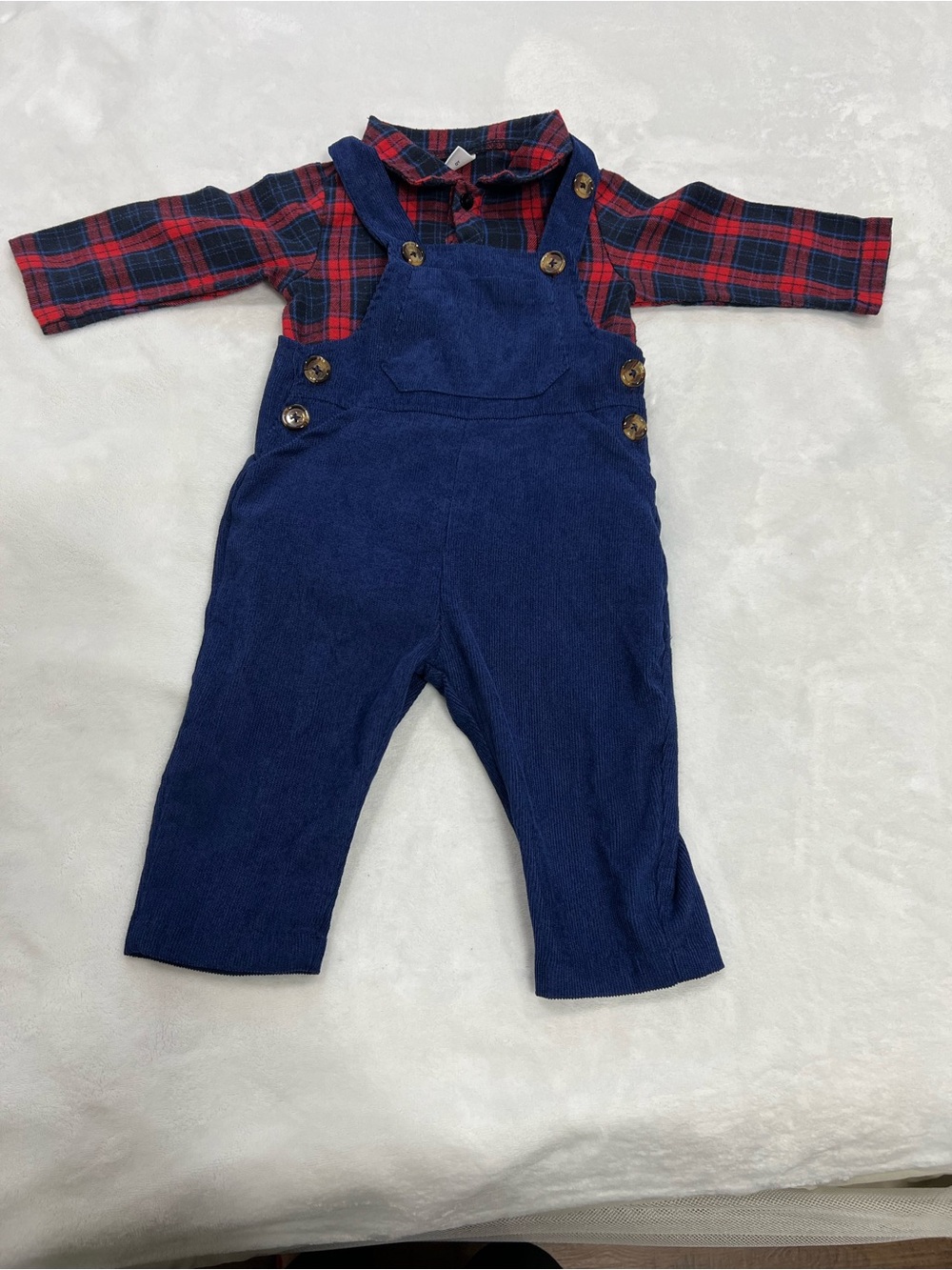 SHEIN Navy Corduroy Overalls with Red Plaid Shirt